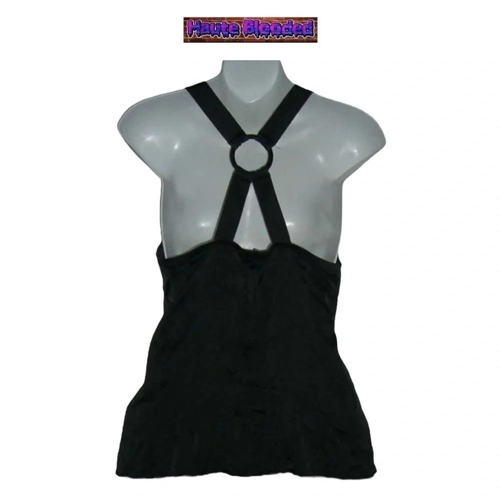 y2k bebe Black Crepe Silk Tank Top Sexy Cami Silver Ring Crinkle 00's 90's Club - Picture 4 of 10